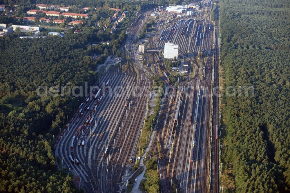 Seddiner See from the bird's eye view: Compound and facilities of Seddin Station and its rail tracks in the borough of Seddiner See in the state of Brandenburg. The train station Seddin is a railway station in Neuseddin in Brandenburg. It is one of the most important railway yards at DB InfraGO AG in East Germany