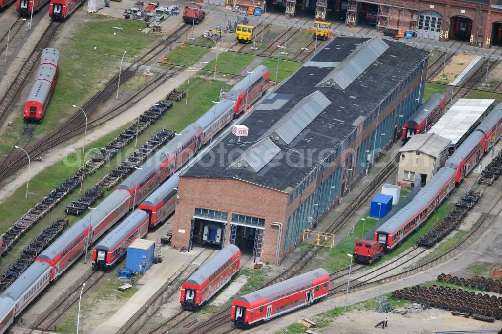 Wittenberge from the bird's eye view: Site of the railroad repair shop Wittenberge (RAW) as to save current maintenance facility of the Deutsche Bahn AG in Wittenberge