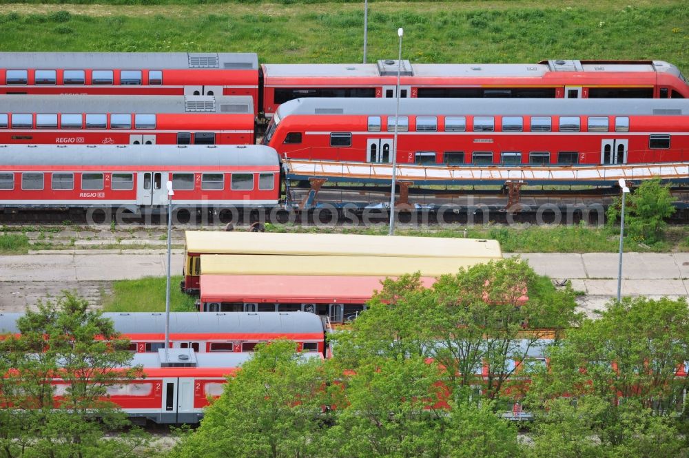 Wittenberge from the bird's eye view: Site of the railroad repair shop Wittenberge (RAW) as to save current maintenance facility of the Deutsche Bahn AG in Wittenberge