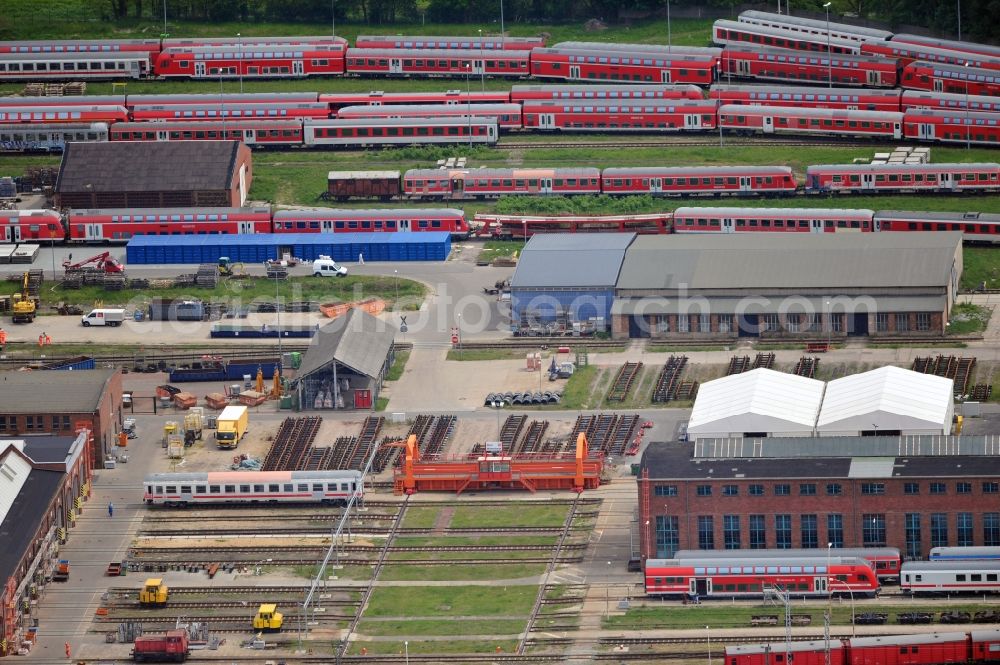 Aerial photograph Wittenberge - Site of the railroad repair shop Wittenberge (RAW) as to save current maintenance facility of the Deutsche Bahn AG in Wittenberge