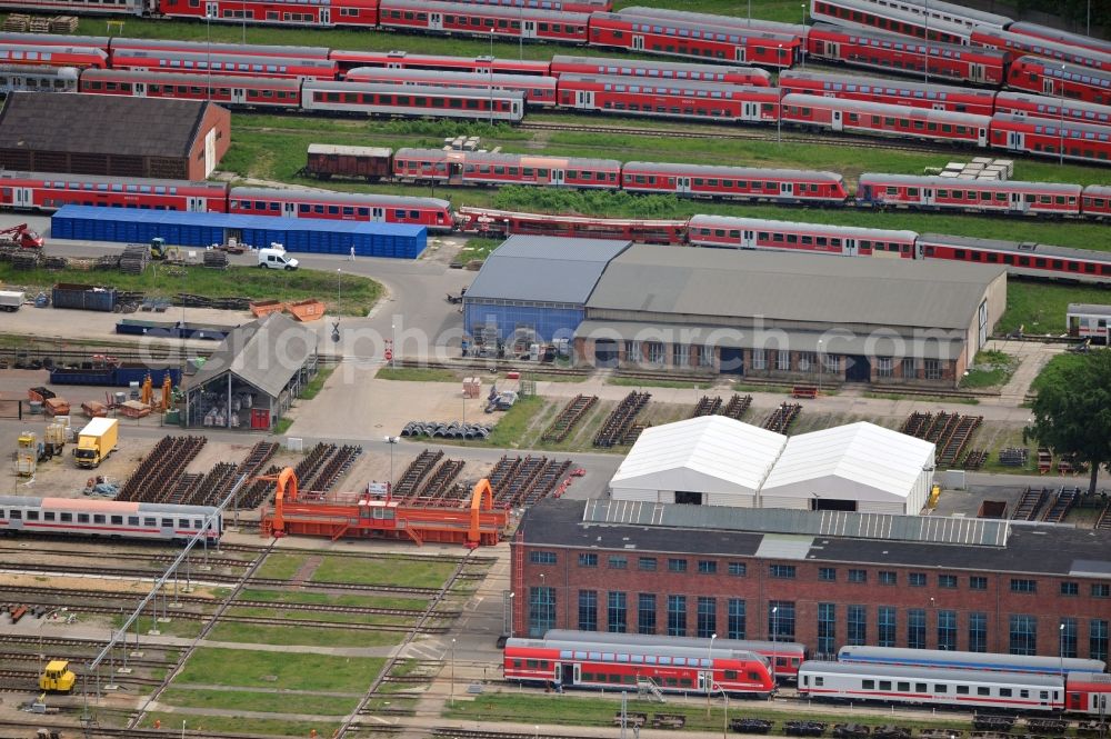 Wittenberge from above - Site of the railroad repair shop Wittenberge (RAW) as to save current maintenance facility of the Deutsche Bahn AG in Wittenberge