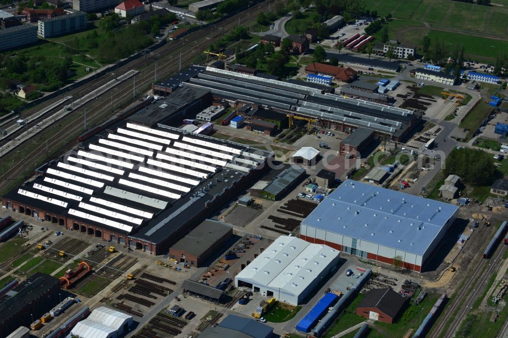 Wittenberge from above - Site of the railroad repair shop Wittenberge (RAW) as to save current maintenance facility of the Deutsche Bahn AG in Wittenberge