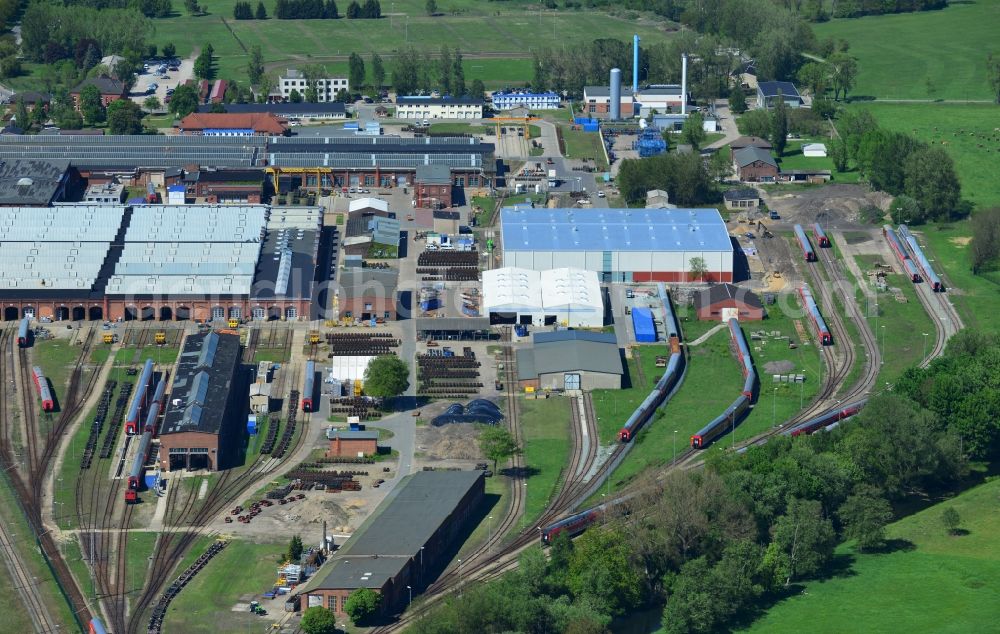 Wittenberge from the bird's eye view: Site of the railroad repair shop Wittenberge (RAW) as to save current maintenance facility of the Deutsche Bahn AG in Wittenberge