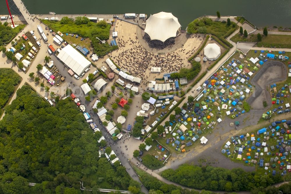 Gelsenkirchen from above - Participants in the Rock Hard Festival 2015 in Gelsenkirchen in the state North Rhine-Westphalia