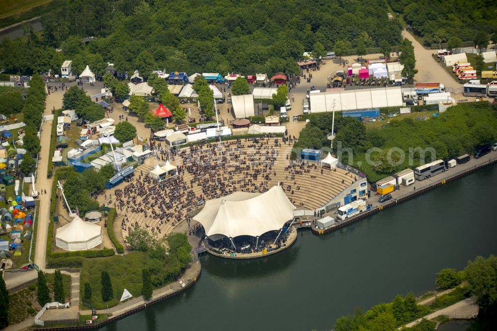 Gelsenkirchen from above - Participants in the Rock Hard Festival 2015 in Gelsenkirchen in the state North Rhine-Westphalia