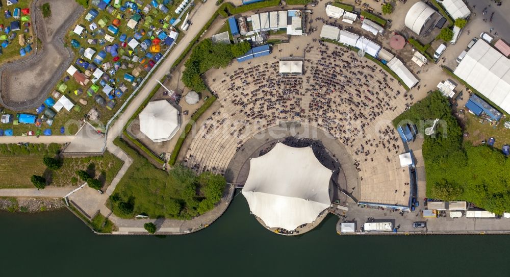 Gelsenkirchen from above - Participants in the Rock Hard Festival 2015 in Gelsenkirchen in the state North Rhine-Westphalia