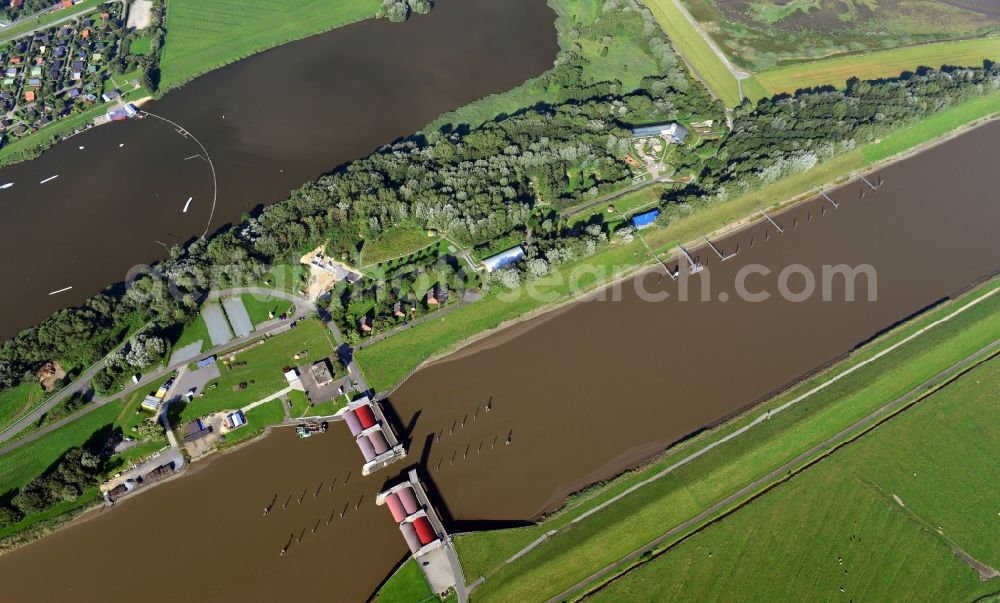 Balje from above - Site of the lock Neuenhof on the banks of Oste with the Natureum Niederelbe Balje in Lower Saxony