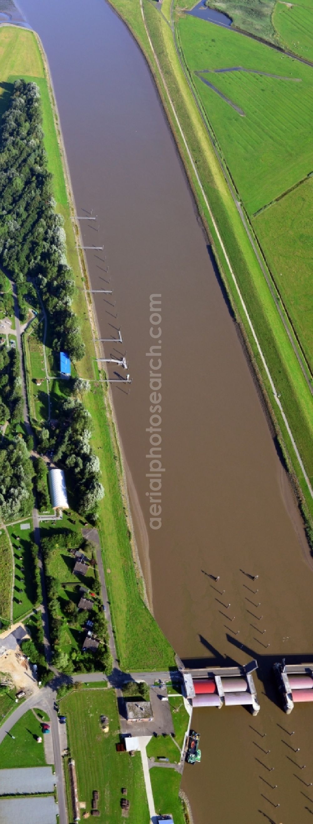 Balje from above - Site of the lock Neuenhof on the banks of Oste with the Natureum Niederelbe Balje in Lower Saxony