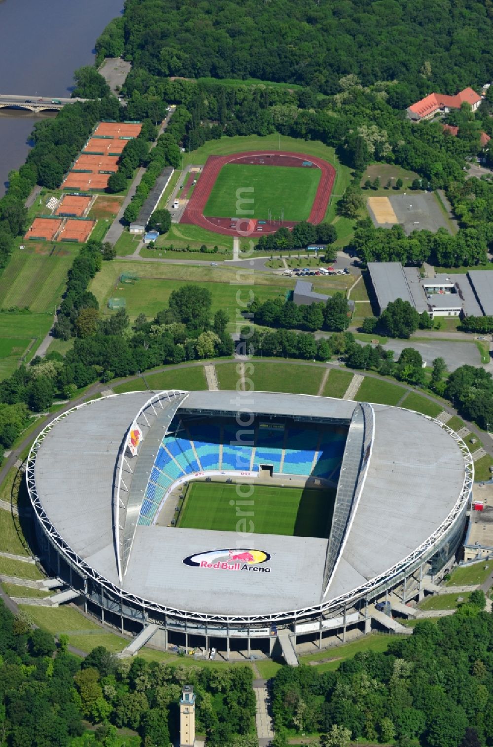 Leipzig from above - The Red Bull Arena, formerly Central Stadium, is the largest stadium in Leipzig