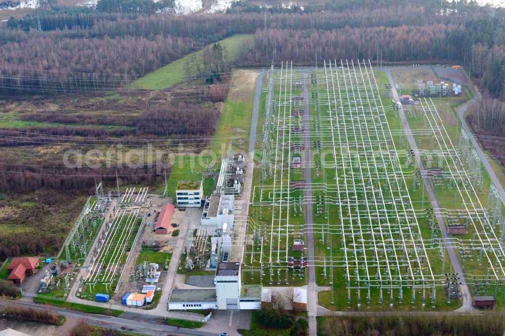 Dollern from above - Site of the substation for voltage conversion and electrical power supply in Dollern in the state Lower Saxony, Germany