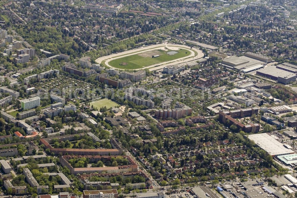 Aerial image Berlin - Harness racing track Trabrennbahn Mariendorf in the district of Tempelhof-Schoeneberg in Berlin, Germany. The historic premises are located on Mariendorfer Damm