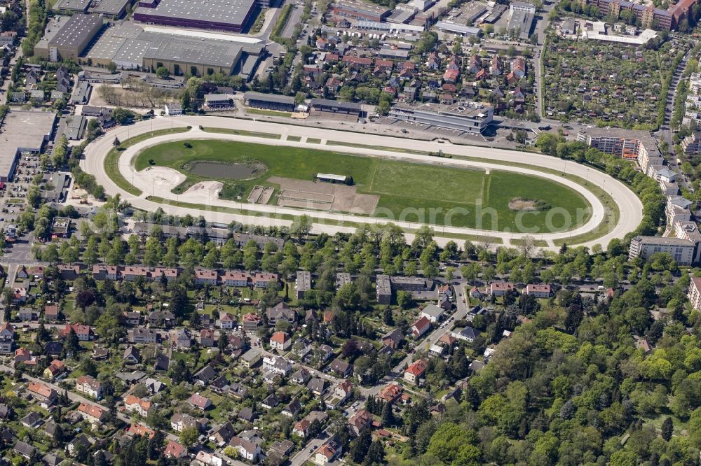 Berlin from above - Harness racing track Trabrennbahn Mariendorf in the district of Tempelhof-Schoeneberg in Berlin, Germany. The historic premises are located on Mariendorfer Damm