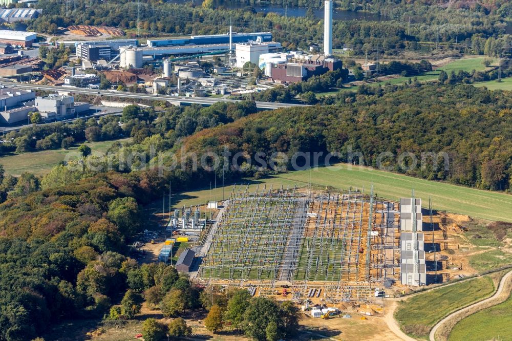 Hagen from the bird's eye view: Site of the substation for voltage conversion and electrical power supply of Amprion GmbH in Hagen in the state North Rhine-Westphalia, Germany