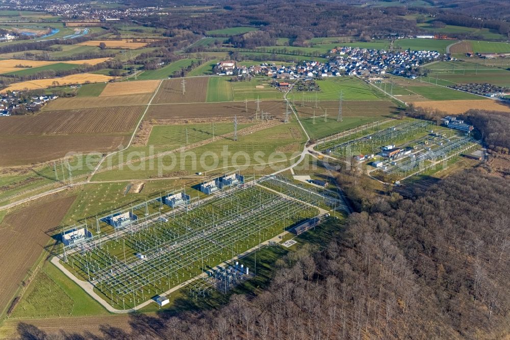 Aerial photograph Hagen - Site of the substation for voltage conversion and electrical power supply of Amprion GmbH in Hagen at Ruhrgebiet in the state North Rhine-Westphalia, Germany