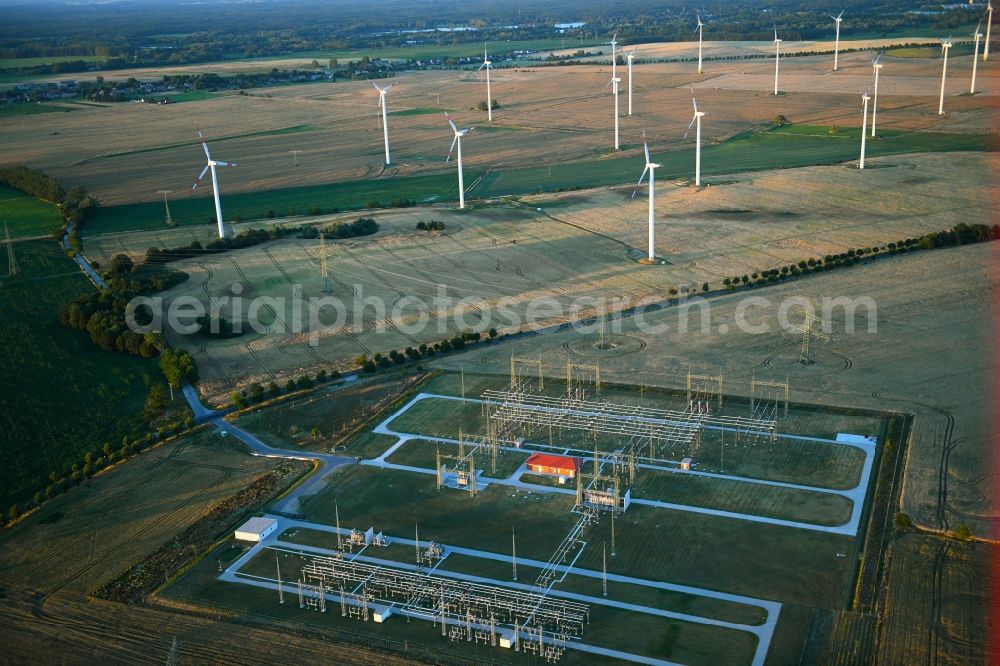 Aerial photograph Badingen - Site of the substation for voltage conversion and electrical power supply in Badingen in the state Brandenburg, Germany