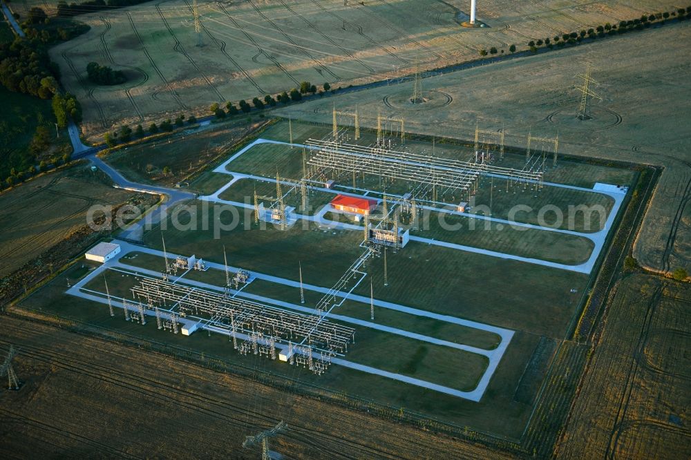 Badingen from above - Site of the substation for voltage conversion and electrical power supply in Badingen in the state Brandenburg, Germany