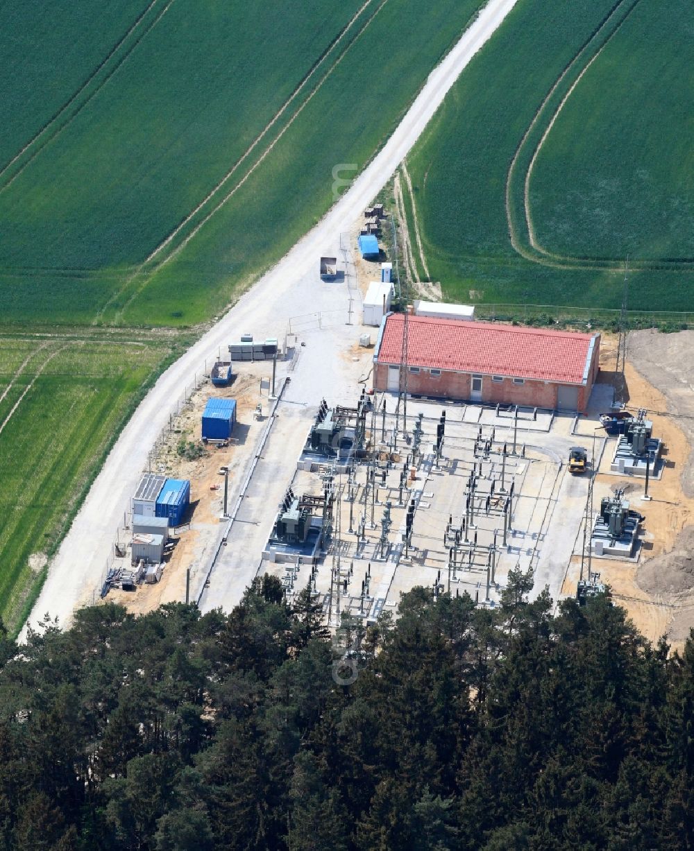 Aerial photograph Markt Indersdorf - Site of the substation for voltage conversion and electrical power supply of Bayernwerk AG in Markt Indersdorf in the state Bavaria, Germany