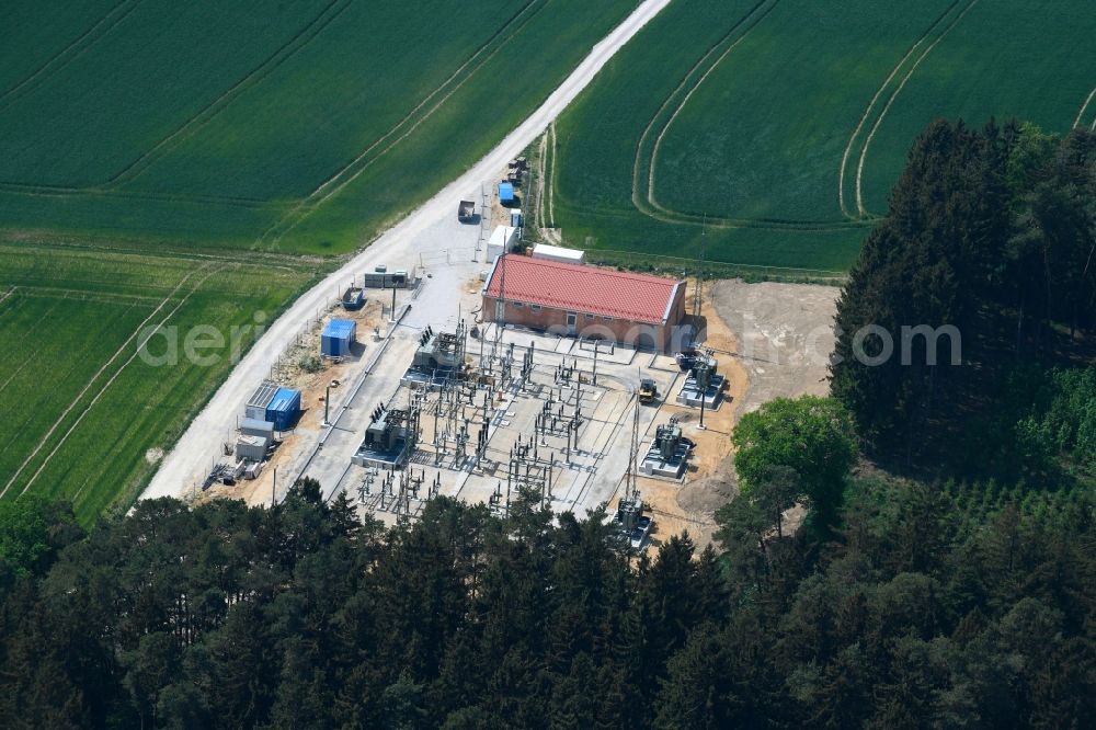 Markt Indersdorf from above - Site of the substation for voltage conversion and electrical power supply of Bayernwerk AG in Markt Indersdorf in the state Bavaria, Germany