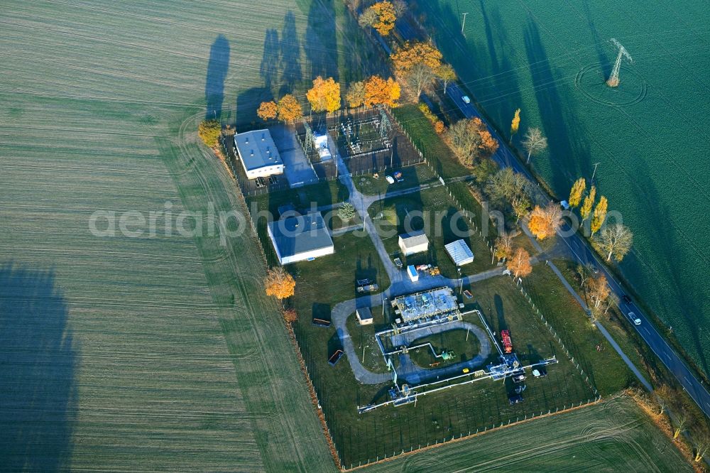 Aerial image Borrentin - Site of the substation for voltage conversion and electrical power supply in Borrentin in the state Mecklenburg - Western Pomerania, Germany