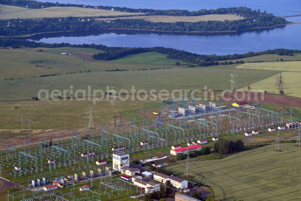 Aerial image Rokle - Site of the substation for voltage conversion and electrical power supply CEPS a.s. Hradec in Rokle in Ustecky kraj - Aussiger Region, Czech Republic