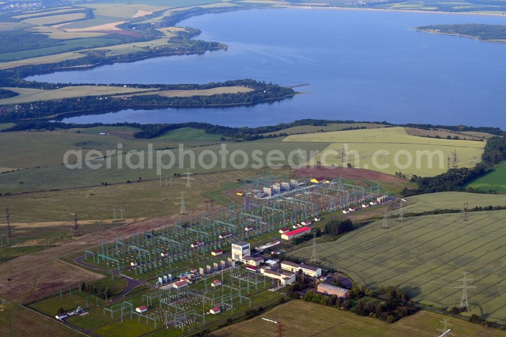 Rokle from above - Site of the substation for voltage conversion and electrical power supply CEPS a.s. Hradec in Rokle in Ustecky kraj - Aussiger Region, Czech Republic