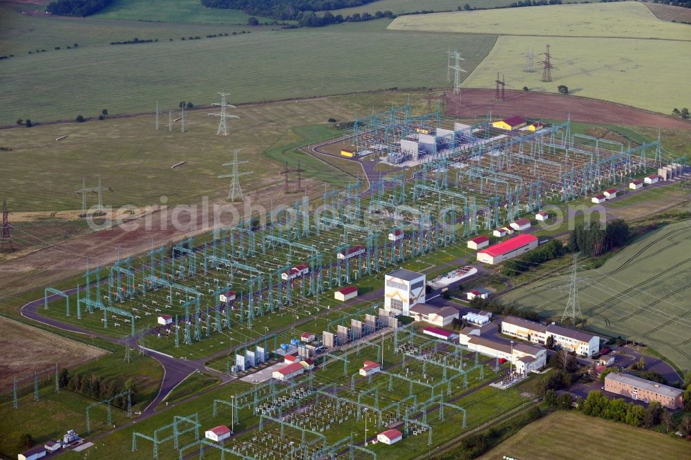 Rokle from the bird's eye view: Site of the substation for voltage conversion and electrical power supply CEPS a.s. Hradec in Rokle in Ustecky kraj - Aussiger Region, Czech Republic