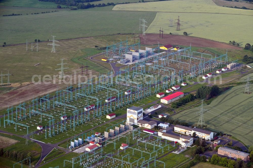 Aerial image Rokle - Site of the substation for voltage conversion and electrical power supply CEPS a.s. Hradec in Rokle in Ustecky kraj - Aussiger Region, Czech Republic