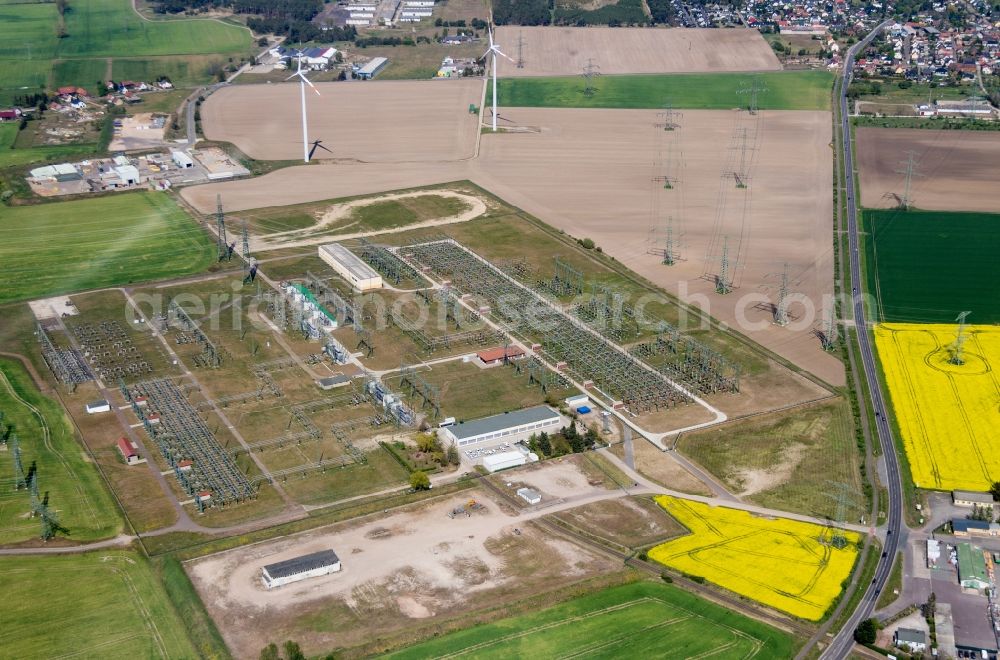 Aerial image Wolmirstedt - Site of the substation for voltage conversion and electrical power supply in Wolmirstedt in the state Saxony-Anhalt, Germany