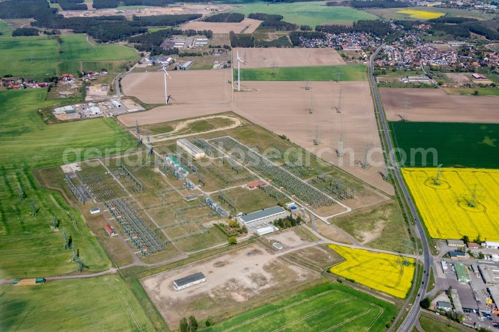 Aerial photograph Wolmirstedt - Site of the substation for voltage conversion and electrical power supply in Wolmirstedt in the state Saxony-Anhalt, Germany