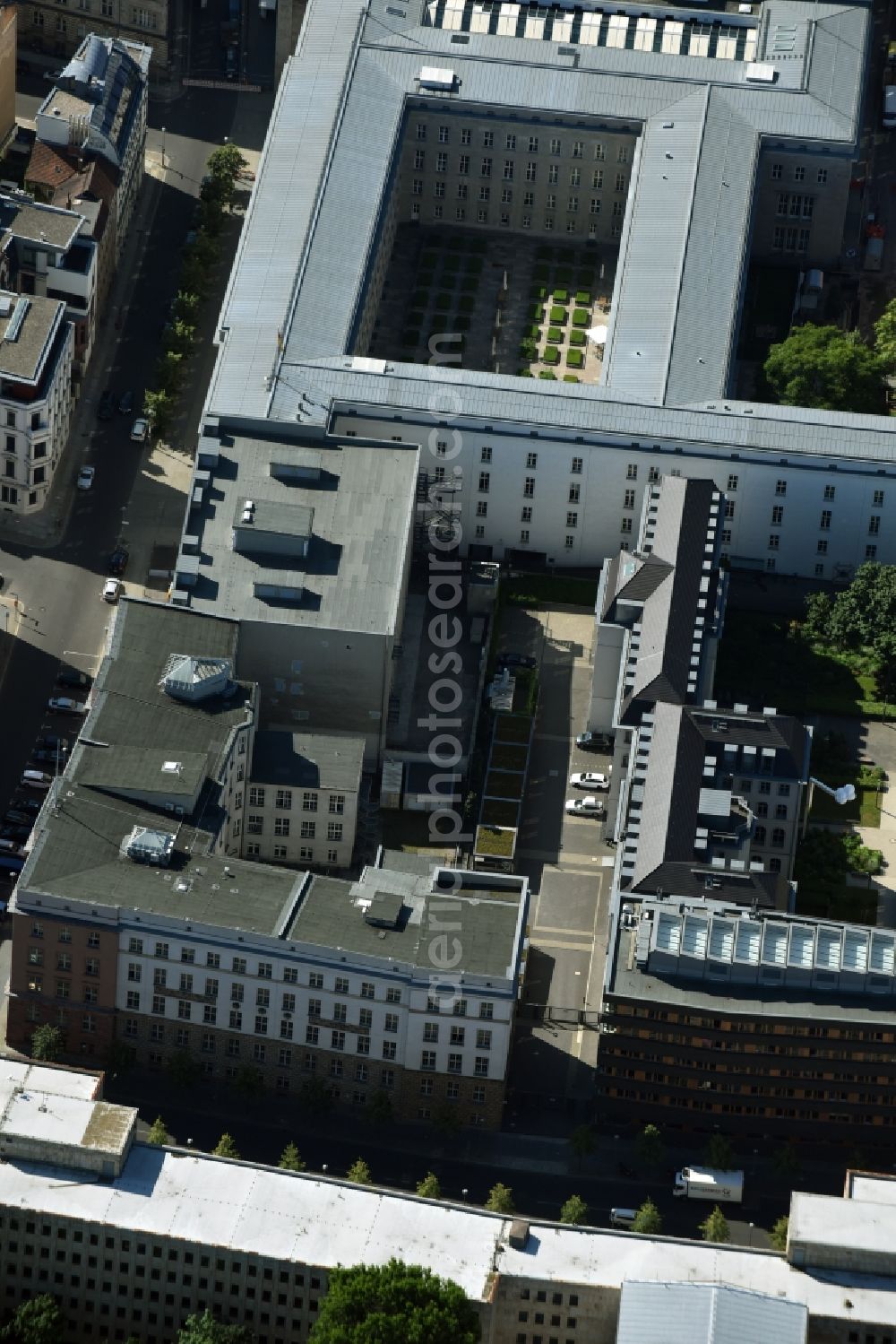 Berlin from above - Site of the substation for voltage conversion and electrical power supply Jaegerstrasse - Mauerstrasse destrict Mitte in Berlin