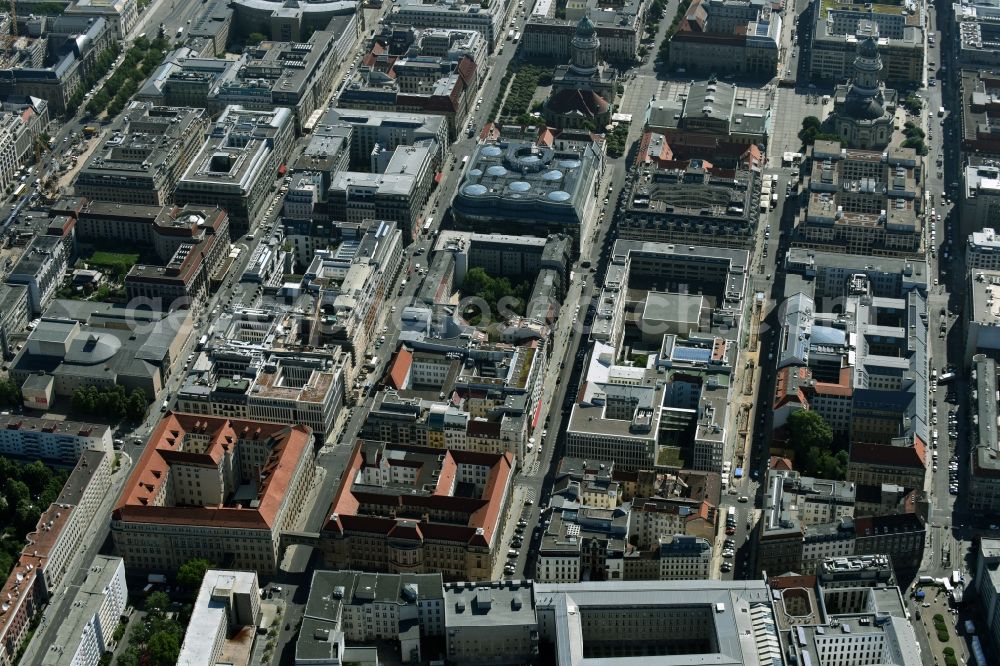 Berlin from above - Site of the substation for voltage conversion and electrical power supply Jaegerstrasse - Mauerstrasse destrict Mitte in Berlin