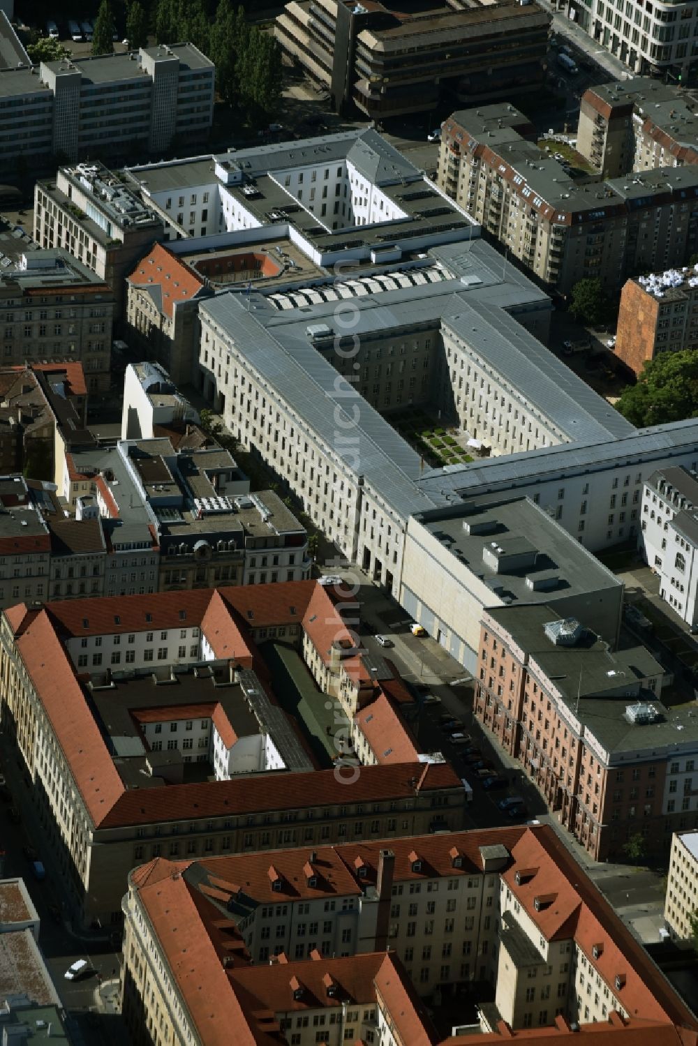 Berlin from the bird's eye view: Site of the substation for voltage conversion and electrical power supply Jaegerstrasse - Mauerstrasse destrict Mitte in Berlin