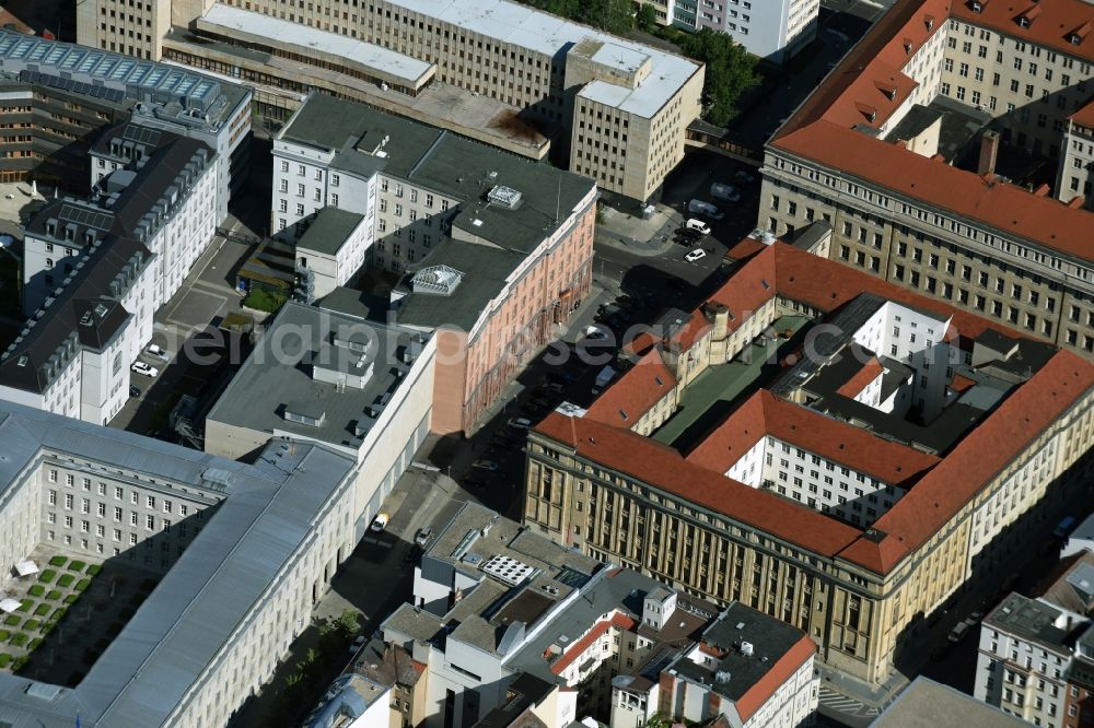 Berlin from the bird's eye view: Site of the substation for voltage conversion and electrical power supply Jaegerstrasse - Mauerstrasse destrict Mitte in Berlin