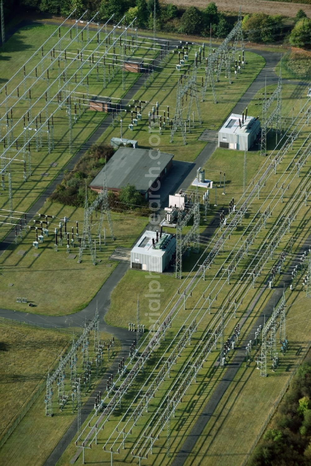 Lüneburg from the bird's eye view: Site of the substation for voltage conversion and electrical power supply Lueneburger Strasse in Lueneburg in the state Lower Saxony