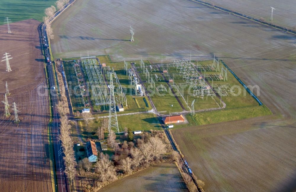 Aerial photograph Klostermansfeld - Site of the substation for voltage conversion and electrical power supply of Mitnetz Strom in Klostermansfeld in the state Saxony-Anhalt, Germany