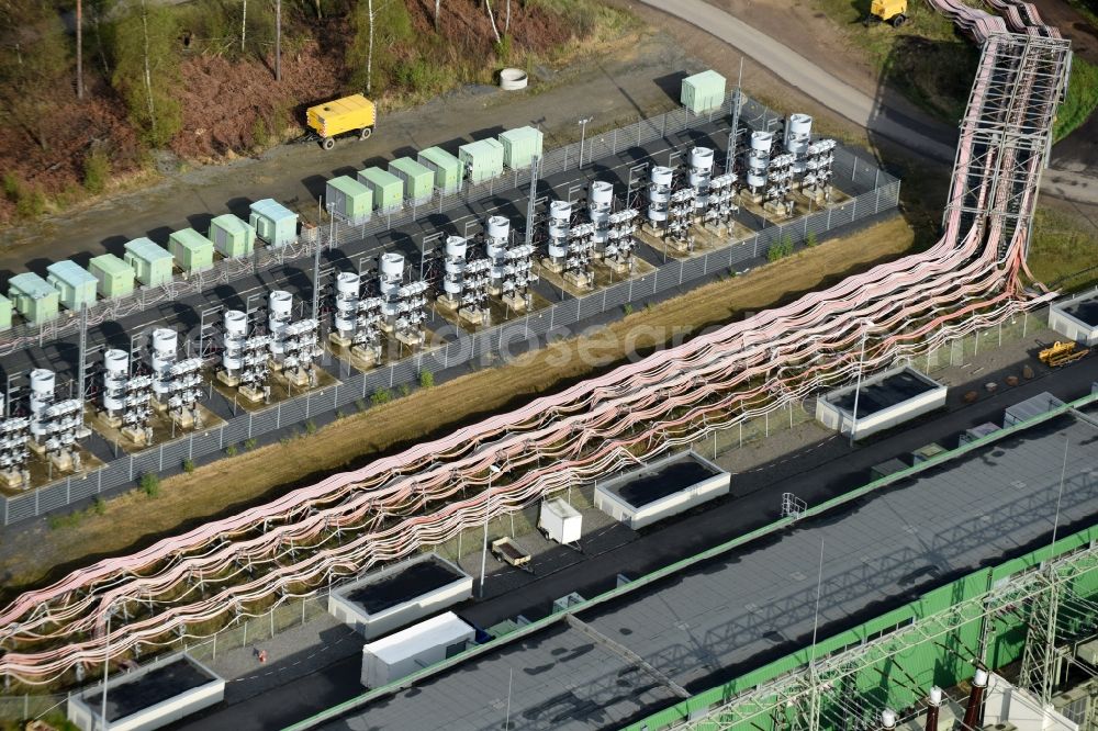 Niederzier from above - Site of the substation for voltage conversion and electrical power supply in Niederzier in the state North Rhine-Westphalia