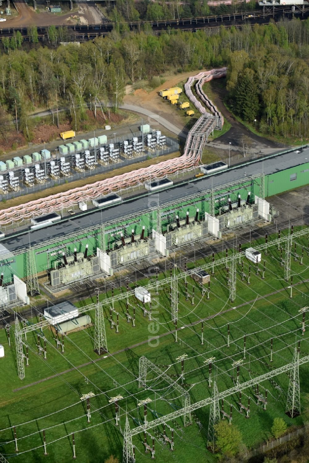 Aerial image Niederzier - Site of the substation for voltage conversion and electrical power supply in Niederzier in the state North Rhine-Westphalia