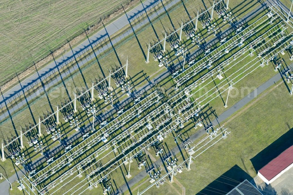 Aerial image Teichland - Site of the substation for voltage conversion and electrical power supply Am Schaltwerk in Teichland in the state Brandenburg, Germany