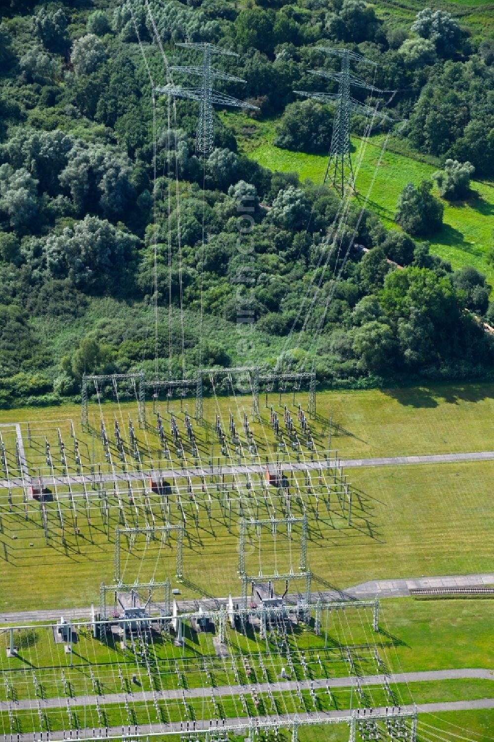 Schwerin from the bird's eye view: Site of the substation for voltage conversion and electrical power supply in the district Goerries in Schwerin in the state Mecklenburg - Western Pomerania, Germany