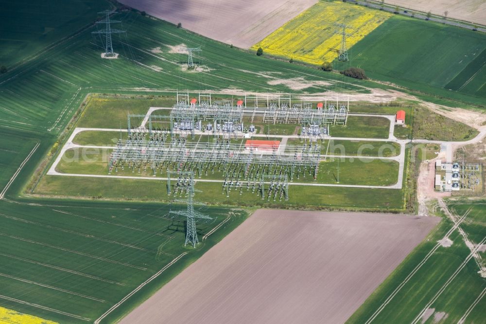 Aerial image Steinfeld (Altmark) - Site of the substation for voltage conversion and electrical power supply in Steinfeld (Altmark) in the state Saxony-Anhalt