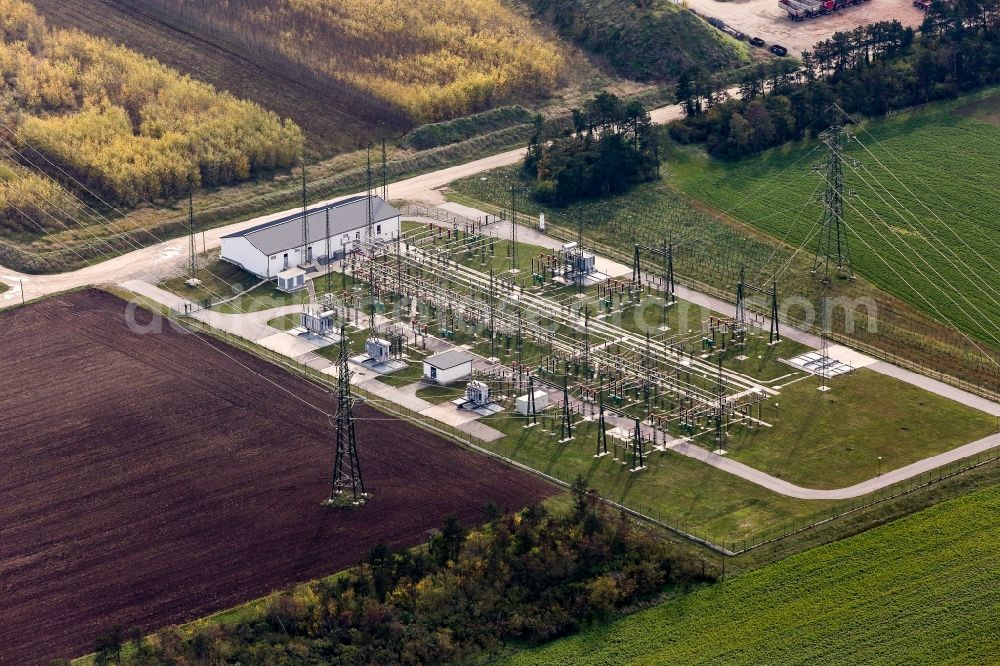 Aerial image Untersiebenbrunn - Site of the substation for voltage conversion and electrical power supply on Neuhofstrasse in Untersiebenbrunn in Lower Austria, Austria