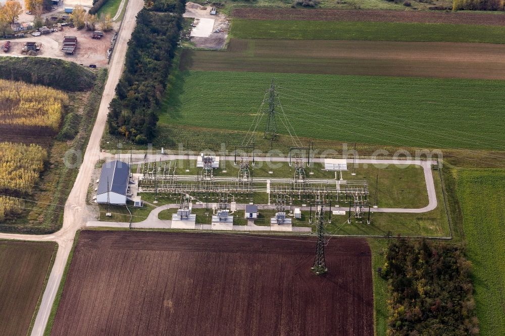 Aerial photograph Untersiebenbrunn - Site of the substation for voltage conversion and electrical power supply on Neuhofstrasse in Untersiebenbrunn in Lower Austria, Austria