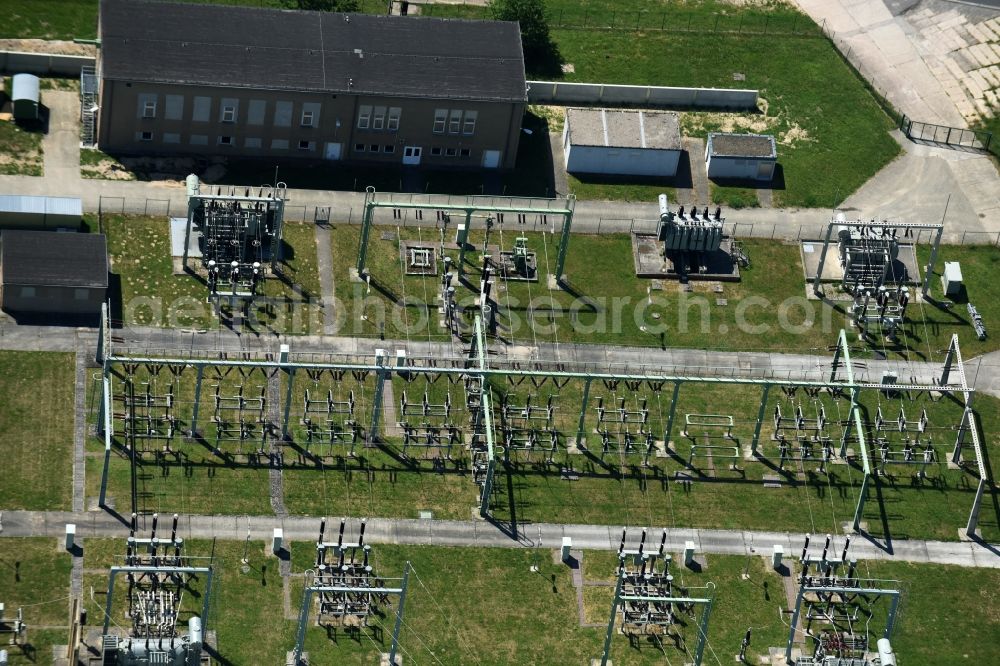 Aerial image Burg - Site of the substation for voltage conversion and electrical power supply Burg in Burg in the state Saxony-Anhalt