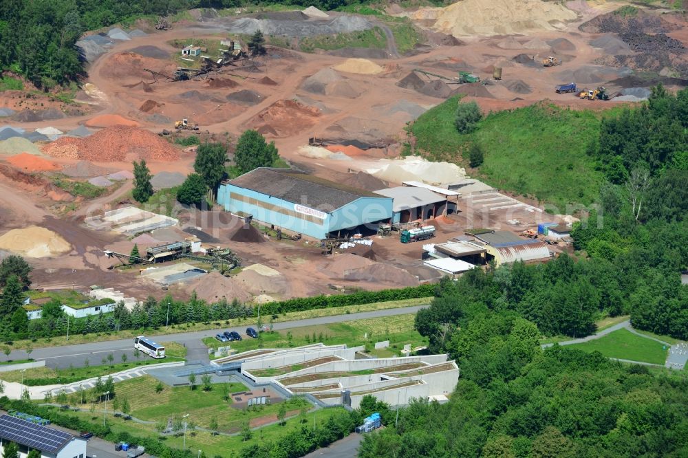 Aerial image Messel - Grounds of the UNESCO World Heritage Messel with the newly built visitor and information center designed by Landau + kindelbacher architects - interior designers in the state of Hesse