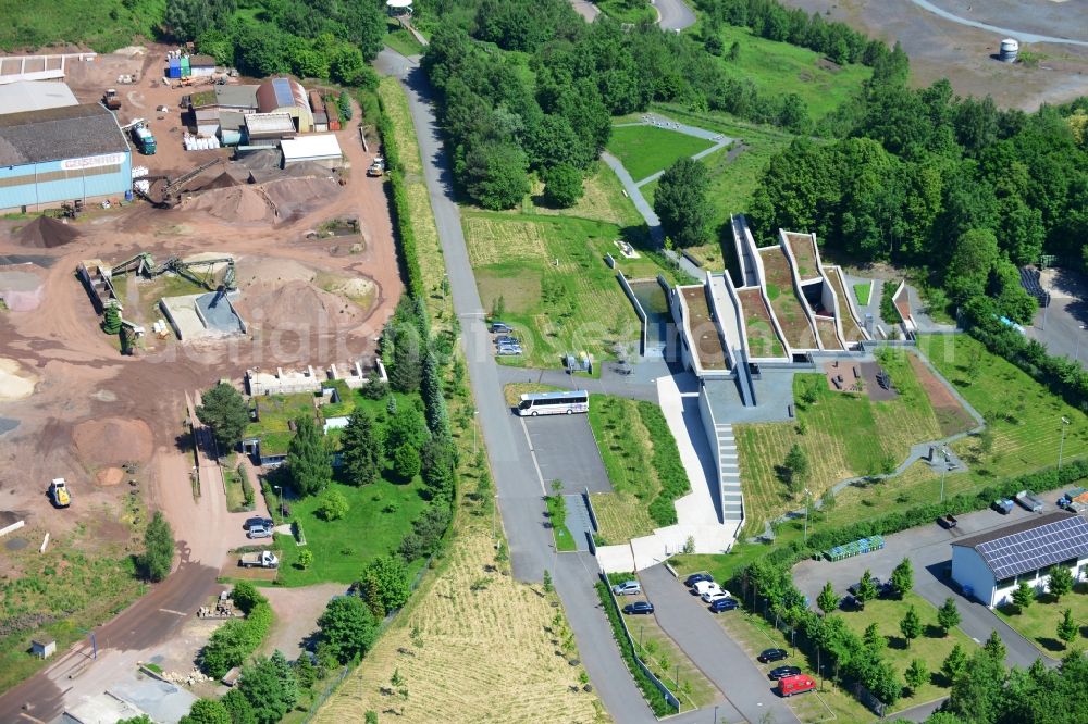 Aerial image Messel - Grounds of the UNESCO World Heritage Messel with the newly built visitor and information center designed by Landau + kindelbacher architects - interior designers in the state of Hesse