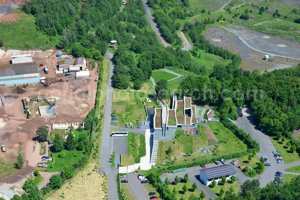 Aerial photograph Messel - Grounds of the UNESCO World Heritage Messel with the newly built visitor and information center designed by Landau + kindelbacher architects - interior designers in the state of Hesse