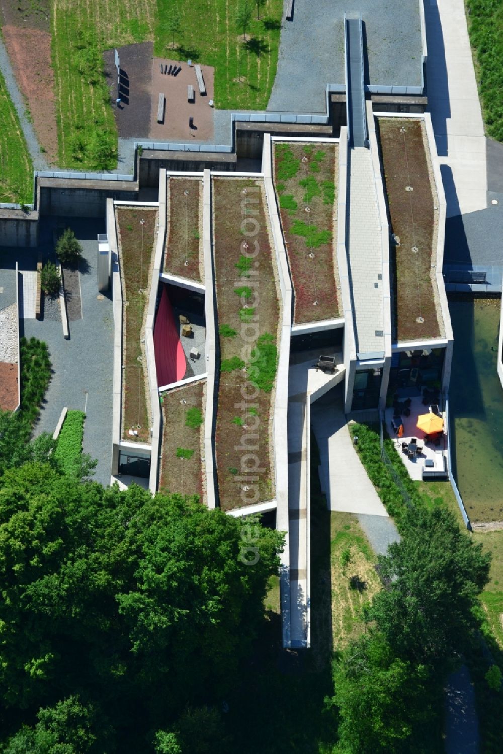 Aerial photograph Messel - Grounds of the UNESCO World Heritage Messel with the newly built visitor and information center designed by Landau + kindelbacher architects - interior designers in the state of Hesse