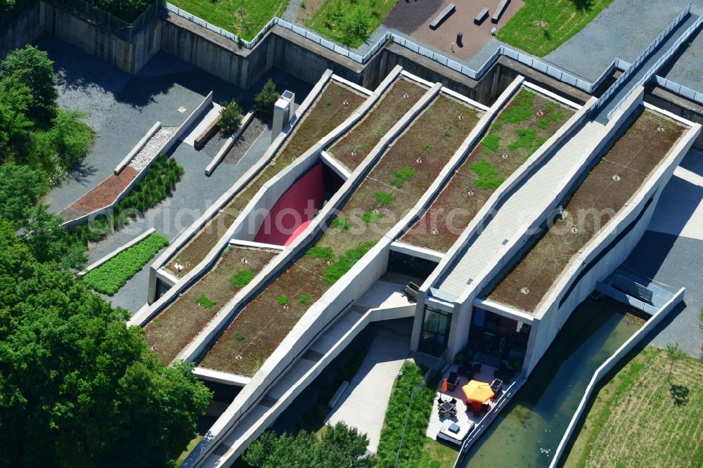 Messel from the bird's eye view: Grounds of the UNESCO World Heritage Messel with the newly built visitor and information center designed by Landau + kindelbacher architects - interior designers in the state of Hesse