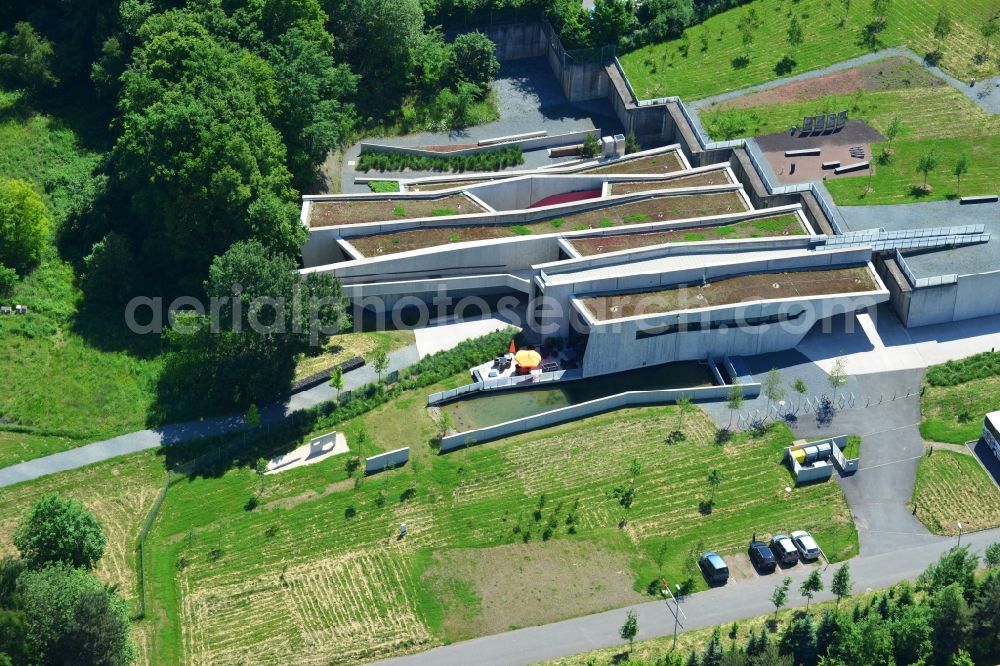 Aerial image Messel - Grounds of the UNESCO World Heritage Messel with the newly built visitor and information center designed by Landau + kindelbacher architects - interior designers in the state of Hesse