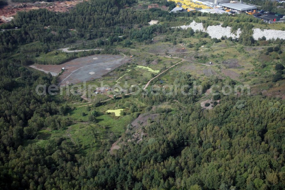 Aerial photograph Messel - Grounds of the UNESCO World Heritage Messel with the newly built visitor and information center designed by Landau + kindelbacher architects - interior designers in the state of Hesse